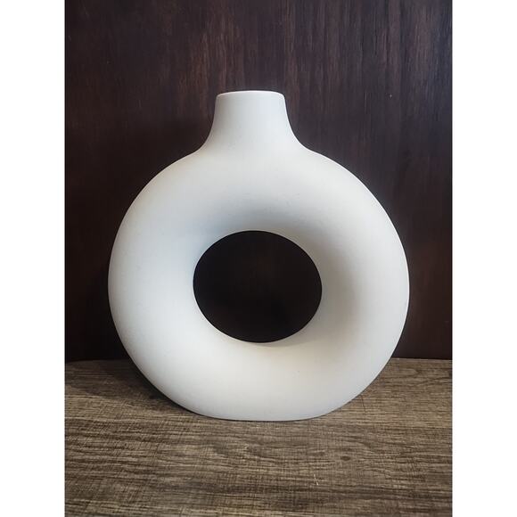Zen Office Nordic Modern Scandi Vase Faux Stone Donut Flower Home Living Room - Picture 2 of 4